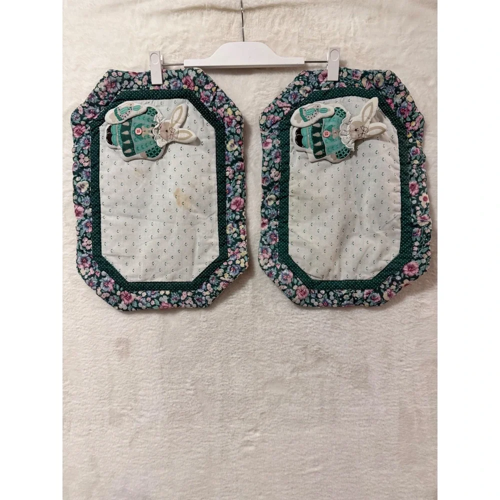 Vintage Quilted Bunny Rabbit Placemats and Floral Napkin Set Cottagecore 3pc